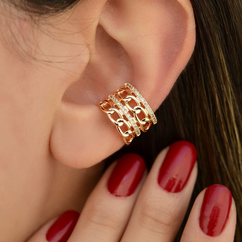 Chain Ear Cuff with Zircon Stones in Gold or Silver, Single