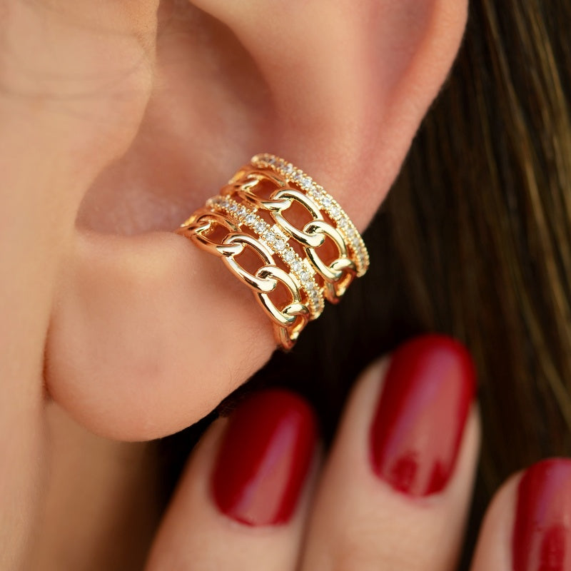 Chain Ear Cuff with Zircon Stones in Gold or Silver, Single