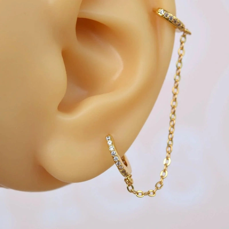 Double Ring Ear Chain Earring for Helix & Lobe, Gold, Pair