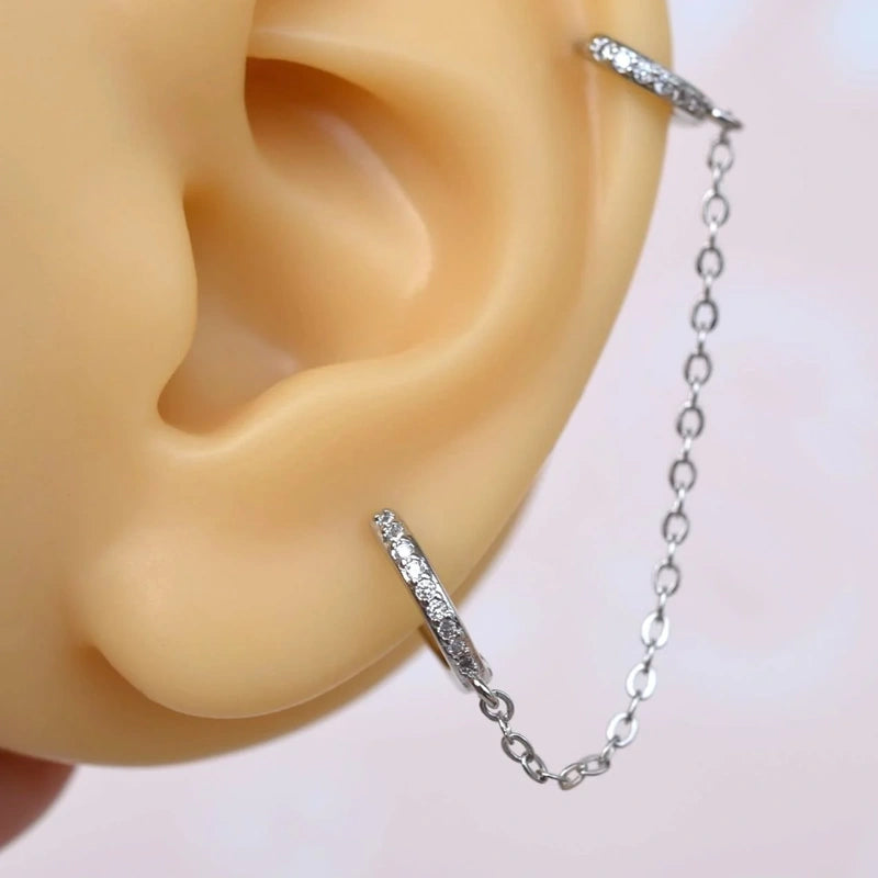 Double Ring Ear Chain Earring for Helix & Lobe, Gold, Pair