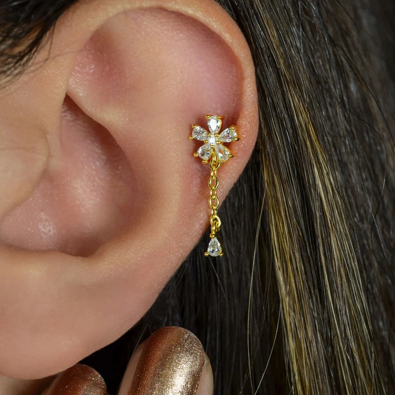 Flower Ear Chain Earring for Helix, Tragus & Cartilage in Gold or Silver, Single