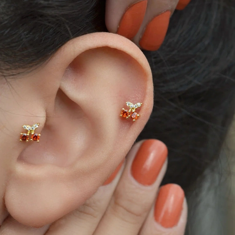 Gold or Silver Cherry Cartilage Earring for Helix & Tragus, Single