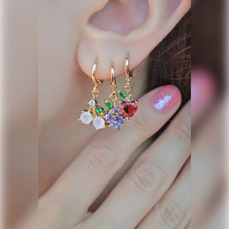 Fruit Earring Set of 3 in Gold or Silver, Cherry Grape and Apple