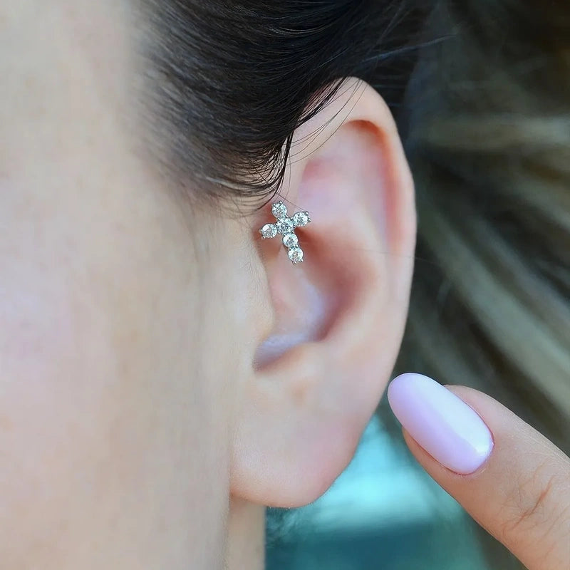 Gold Cross Cartilage Hoop Earring for Helix & Tragus, Single