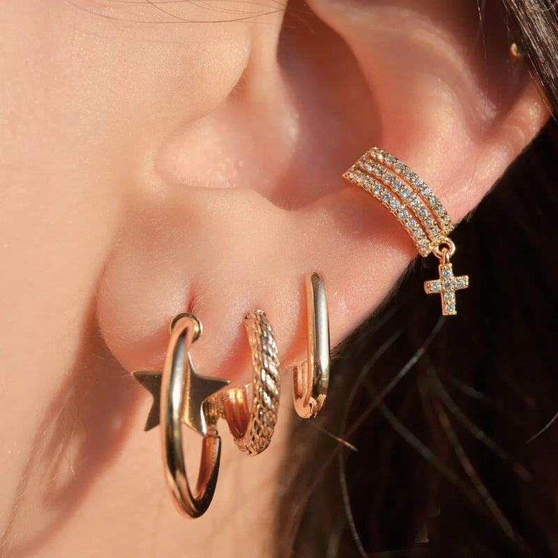 Gold Zircon Cross Dangle Ear Cuff, Drop Earring, Single