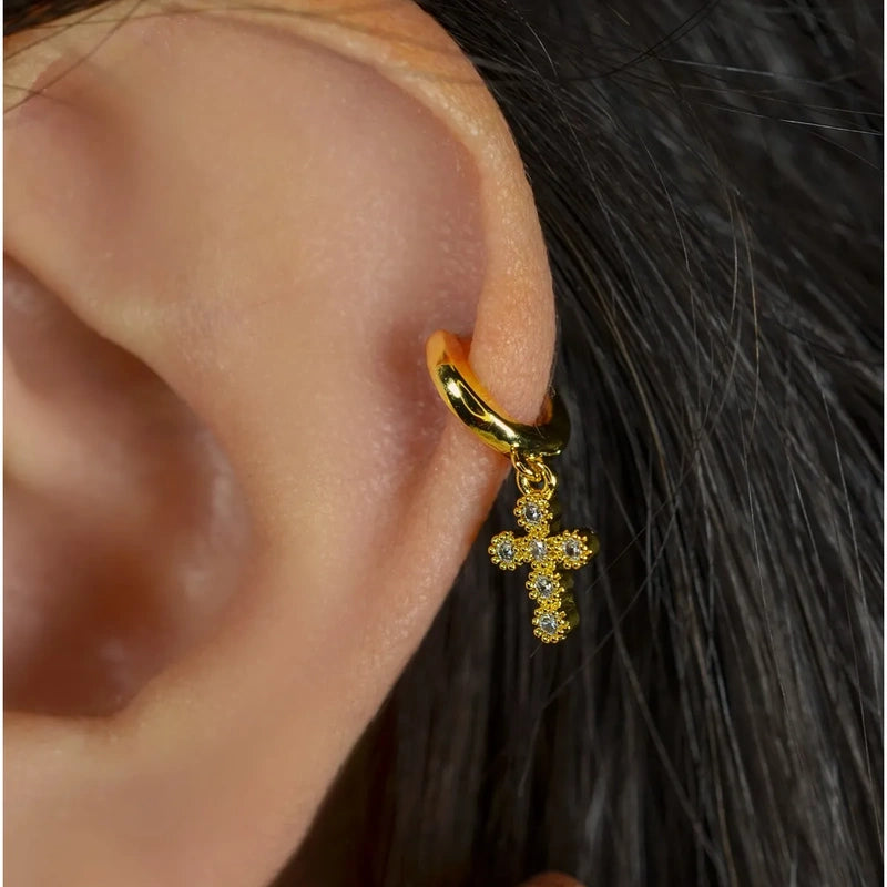 Cross Cartilage Hoop Earring for Helix & Tragus in Gold or Silver, Single