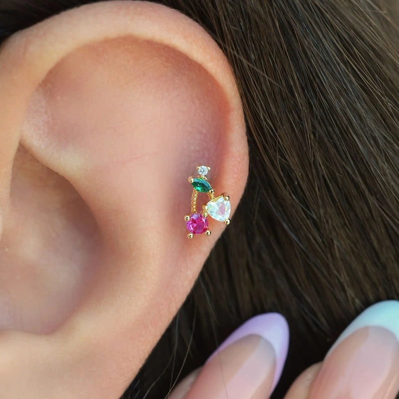 Gold or Silver Flat Back Cherry Cartilage Earring for Helix & Tragus, Single