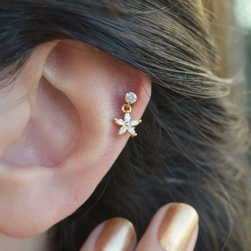 Flower Dangle Cartilage Earring for Helix & Tragus in Gold or Silver, Single