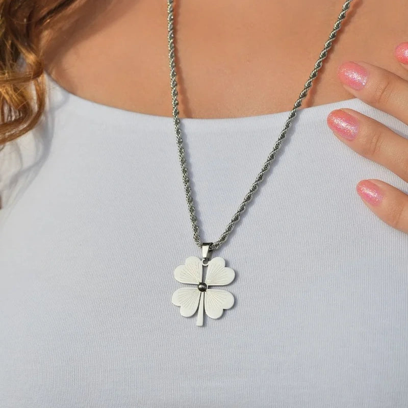 Four-Leaf Clover Pendant Necklace, 60cm 316L Steel, Silver, Single