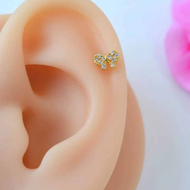 Gold Bow Cartilage Earring for Helix & Tragus, Single
