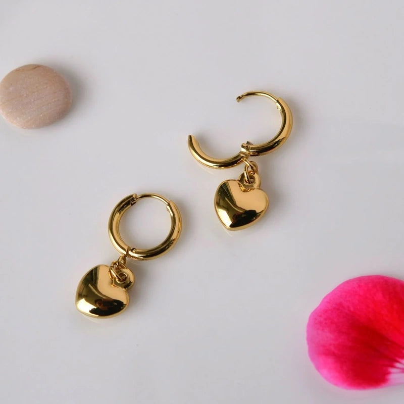 Heart Hoop Earrings, 10mm, Gold or Silver, Pair