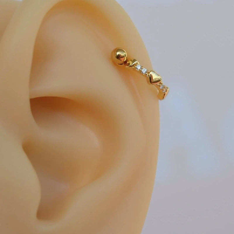 Gold or Silver Zircon Heart Cartilage Earring for Helix & Tragus, Single