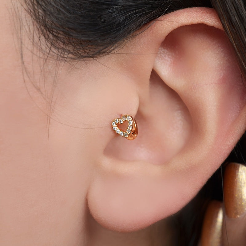 Zircon Gold or Silver Heart Cartilage Earring for Helix & Tragus, Single