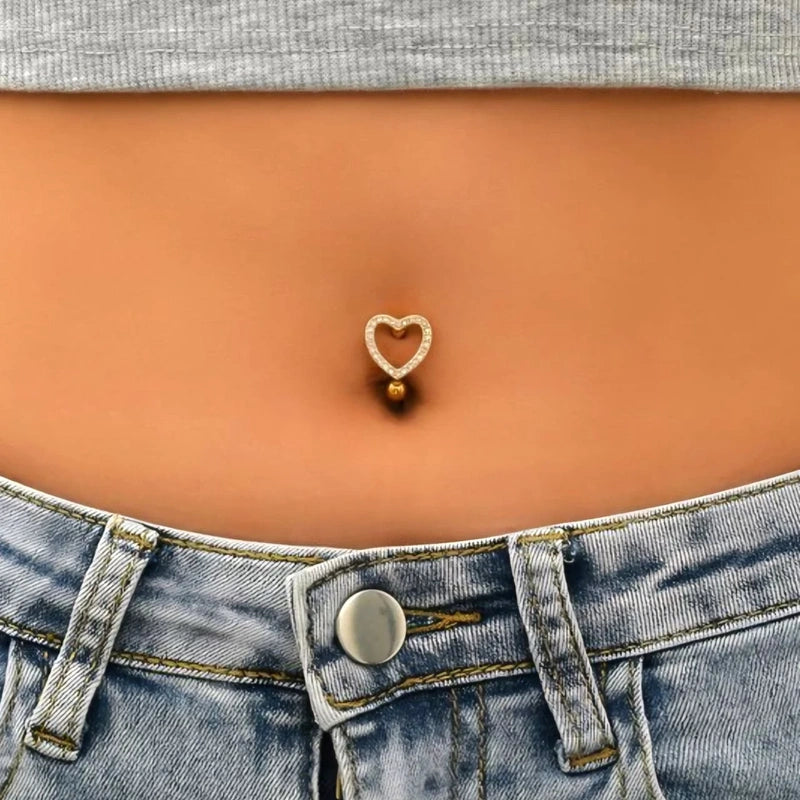 Gold or Silver Heart Belly Button Ring, 316L Steel Navel Bar, Single