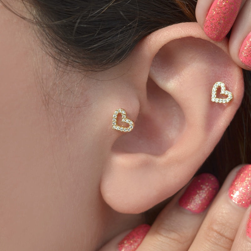 Gold or Silver Zircon Heart Cartilage Stud Earring for Helix & Tragus, Single