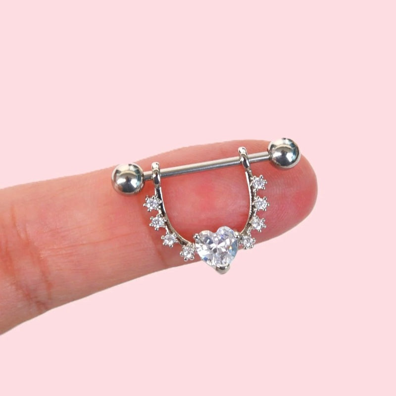 Zircon Heart Nipple Barbell, Body Piercing, Single