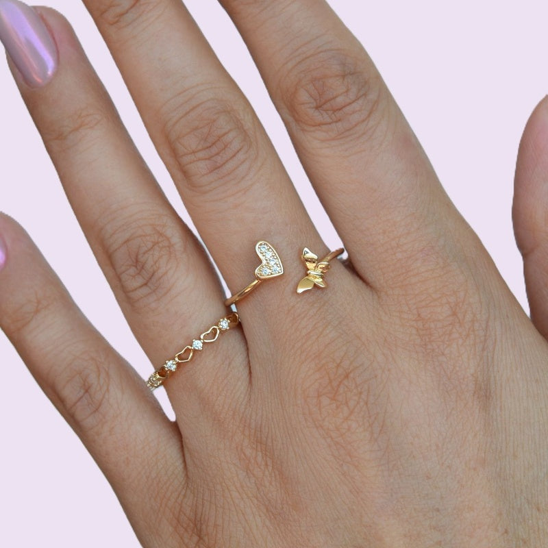 Heart Butterfly Adjustable Ring Set in Gold or Silver, Zircon Stacking Rings, Pair