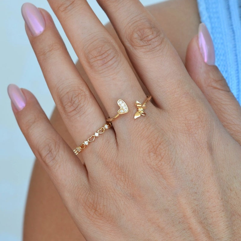 Heart & Butterfly Zircon Adjustable Ring Set, Gold or Silver, Set of 2
