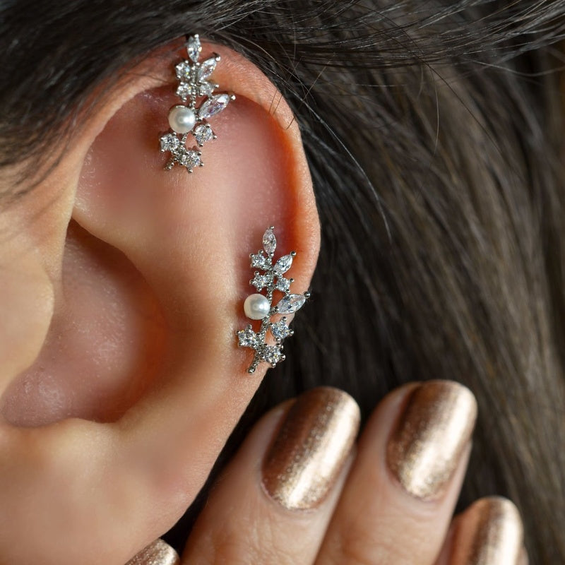 Leaf Pearl Stud Earring in Gold or Silver, Single