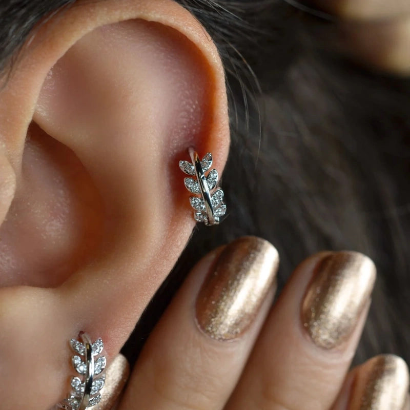 Leaf Cartilage Hoop Earring for Helix & Tragus, Silver, Pair
