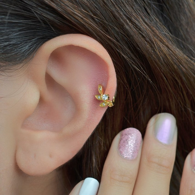 Leaf Cartilage Hoop Earring for Helix & Tragus in Gold or Silver, Single