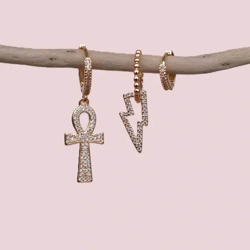 Gold Lightning Bolt, Cross and Flower Earring Set of 3