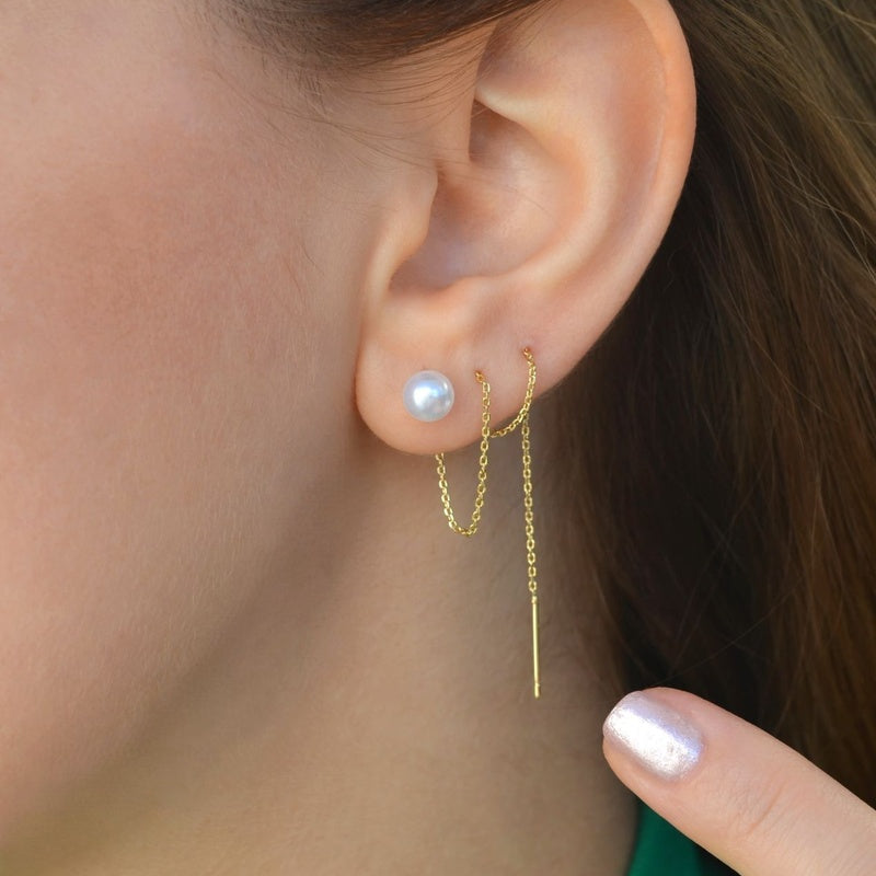 Dangle Gold or Silver Pearl Huggie Hoop Earrings, Pair