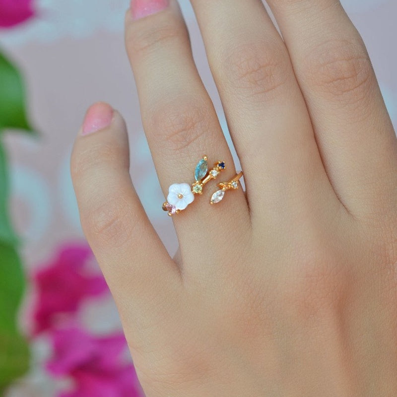 Stone Flower Adjustable Ring, Zircon Knuckle Ring, Blue or Purple, Single