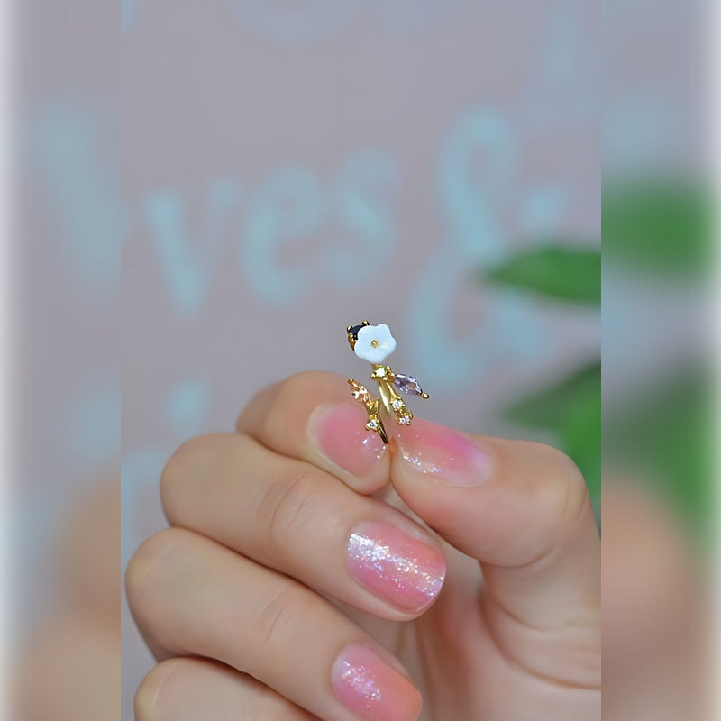 Stone Flower Adjustable Ring, Zircon Knuckle Ring, Blue or Purple, Single