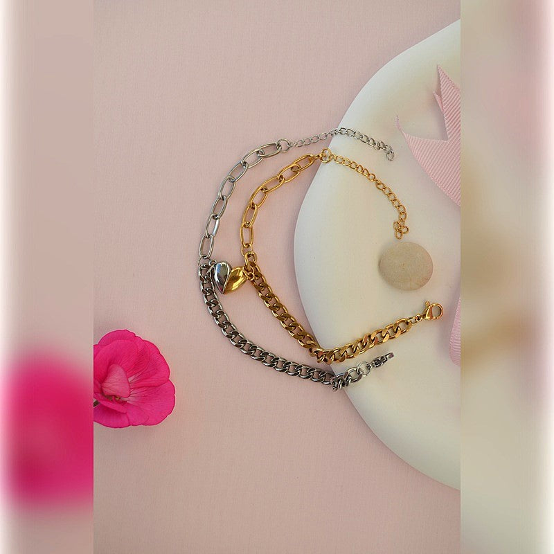 Magnetic Heart Couple Bracelet Set of 2, Gold, Silver or Multicolour