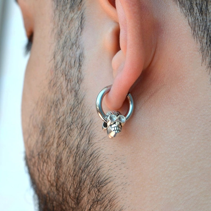 Skull Men's Huggie Hoop Earring, Vintage Style, Single