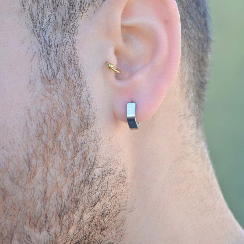 9mm Pentagon Men's Hoop Earring in Silver or Black, Stainless Steel, Single