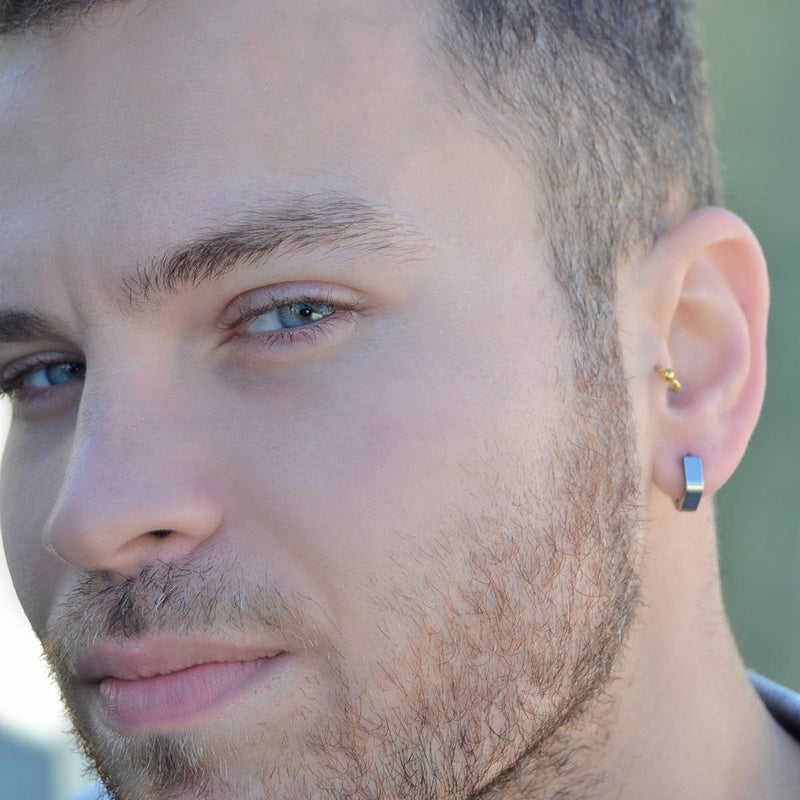 Pentagon Men's Hoop Earring, 9mm, Silver or Black, Stainless Steel, Single