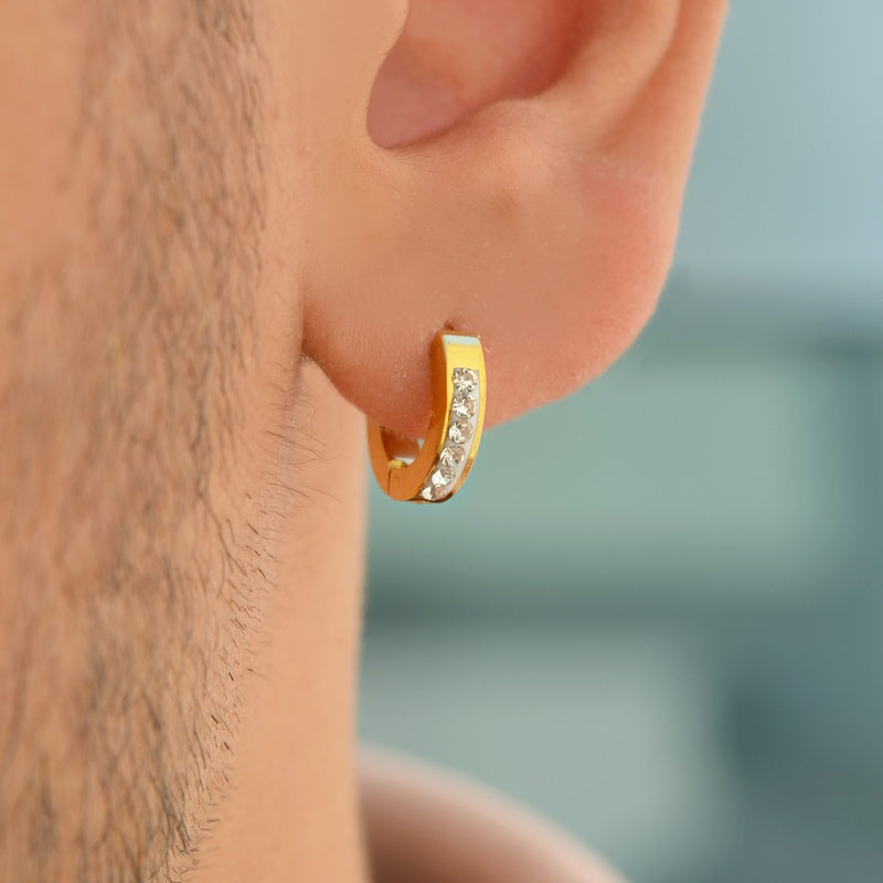 Stone Gold or Silver Men's Huggie Hoop Earring, Stainless Steel, Single