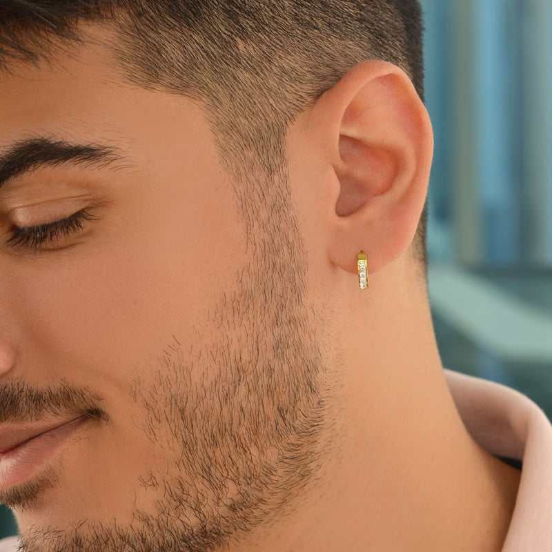 Stone Men's Hoop Earring, Gold or Silver, Stainless Steel, Single