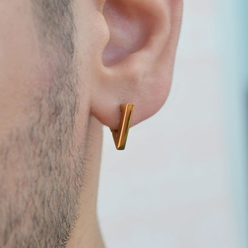 Triangle Men's Huggie Hoop Earring, Vintage Style in Gold or Silver, Single