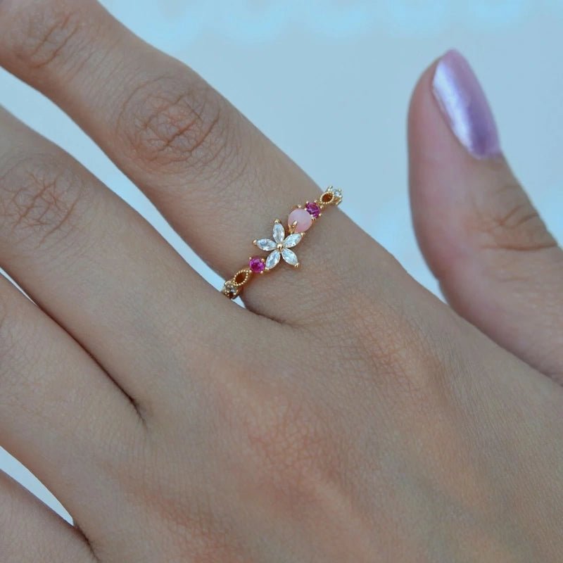 Gold or Silver Flower Adjustable Ring, Zircon Knuckle Ring, Single