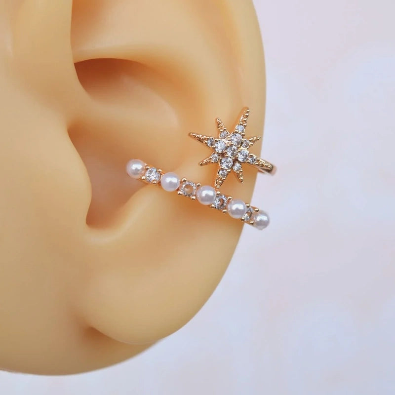 Gold or Silver Star Pearl Ear Cuff for Cartilage, Single