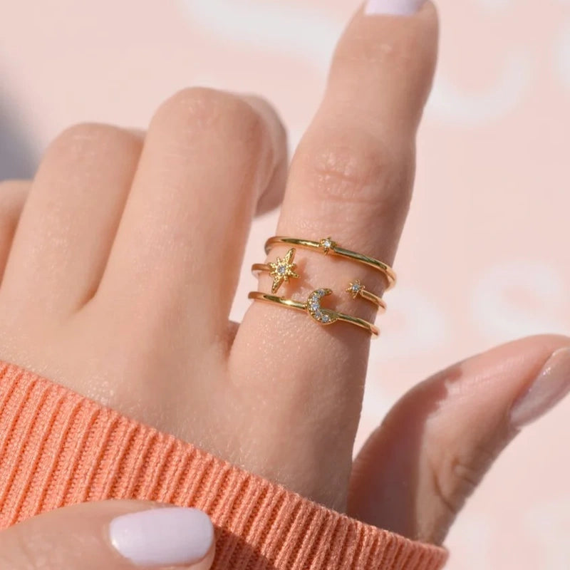 Star Moon Adjustable Ring in Gold or Silver, Zircon Knuckle Ring, Single