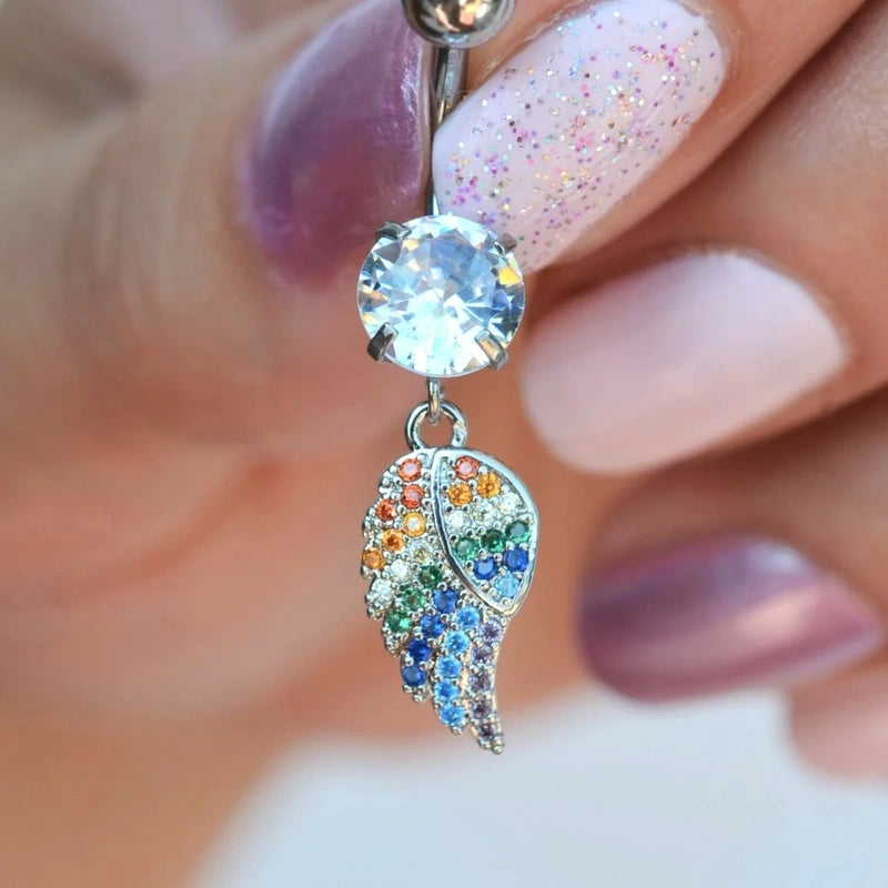 Angel Wing Belly Button Ring, 316L Steel Navel Bar, Single