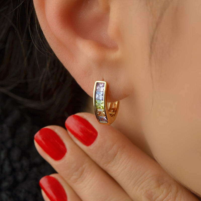 Curved Multicolour Zircon Huggie Hoop Earrings, Pair