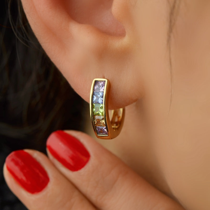 Curved Zircon Hoop Earrings, 12mm, Multicolour, Pair