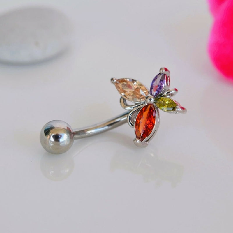 Multicolor Butterfly Belly Button Ring, Navel Piercing, Single