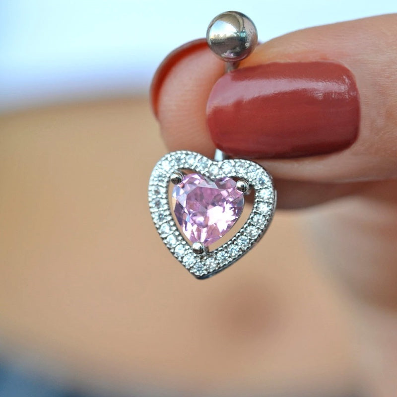 Pink Heart Belly Button Ring, 316L Steel Navel Bar, Single