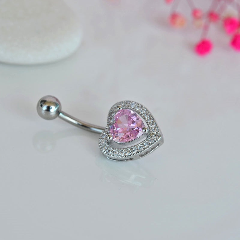 Heart Belly Bar, 14G, 10mm, Pink, 316L Stainless Steel, Single
