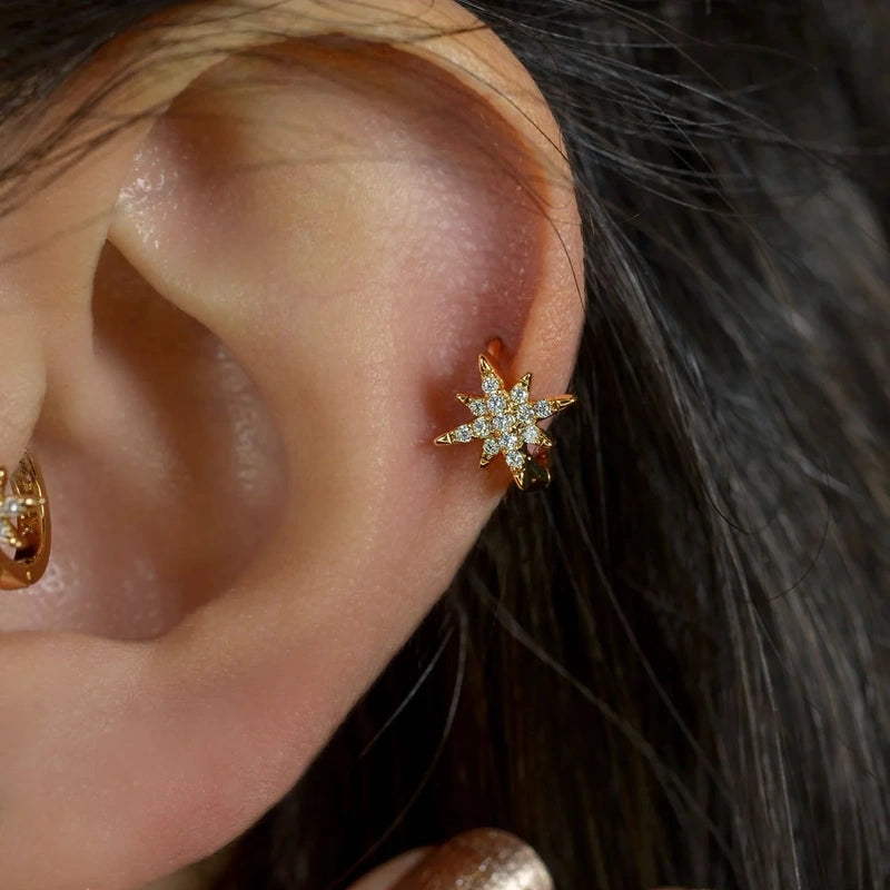 Zircon Star Cartilage Hoop Earring for Helix & Tragus in Gold or Silver, Single