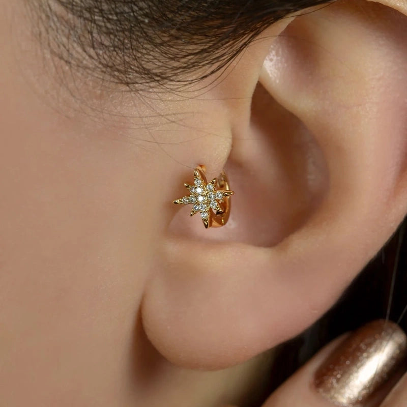 Zircon Star Cartilage Hoop Earring for Helix & Tragus in Gold or Silver, Single