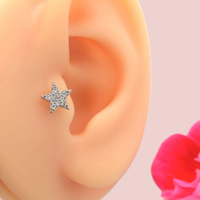 Star Stud Earring with Zircon Back, 6mm Bar, Single