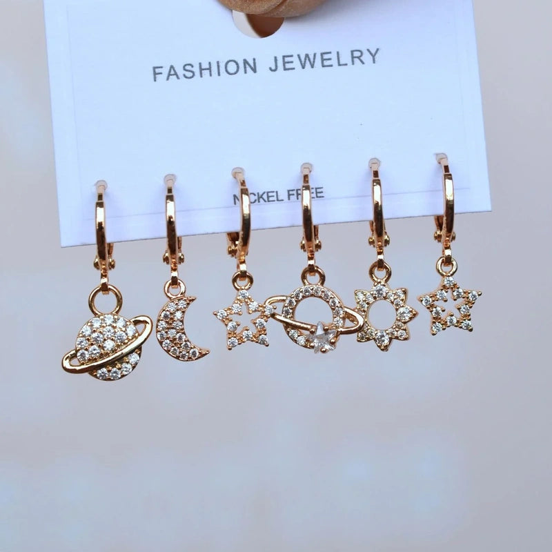 Galaxy Earring Set of 6 in Gold or Silver, Moon Star Planet and Sun
