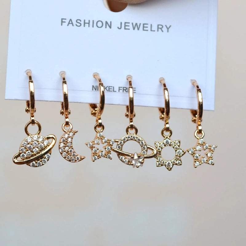 Moon, Star, Planet and Sun Earring Set, Gold or Silver, Set of 6